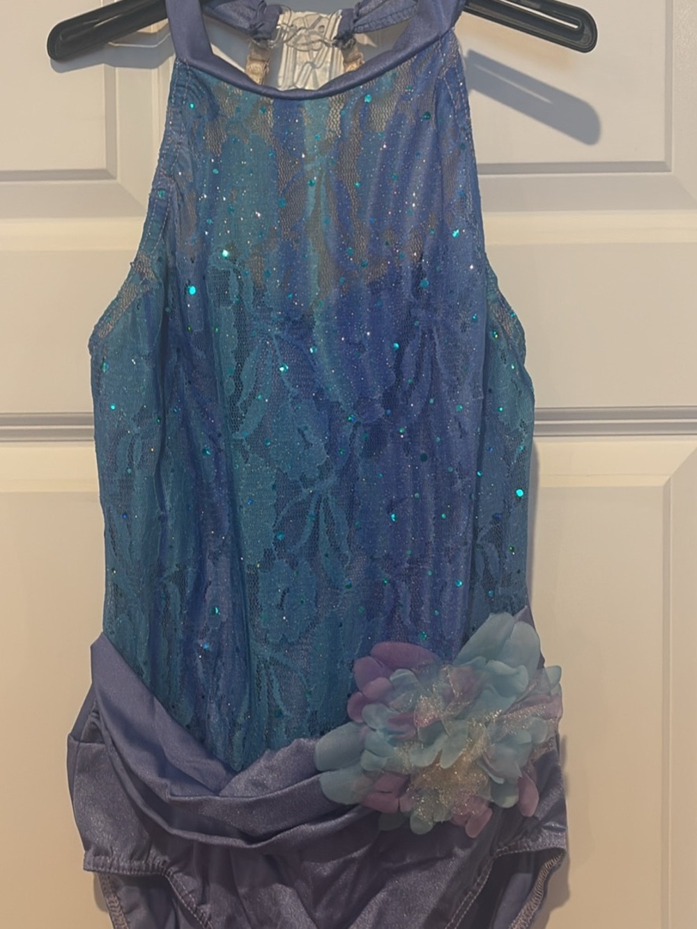 Girls Blue Sparkle Halter Dance Dress with Floral Waist Accent